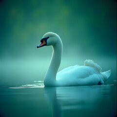 Fototapeta premium A serene image of a white swan gliding on calm water, its reflection visible on the surface.