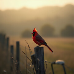 A vibrant red cardinal bird perches on a wooden fence post against a blurred background of a hazy sunrise or sunset.