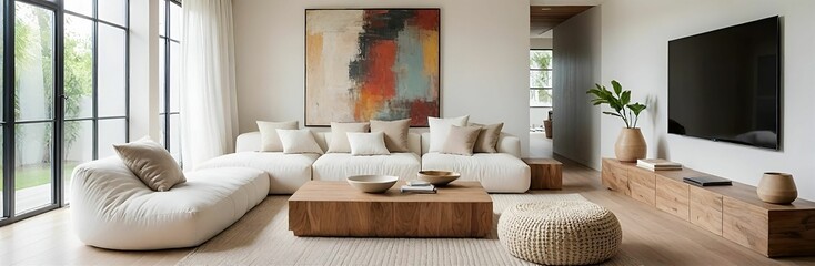 Minimalist, scandinavian, boho style interior design of modern living room with rustic furniture and tv on beige wall.