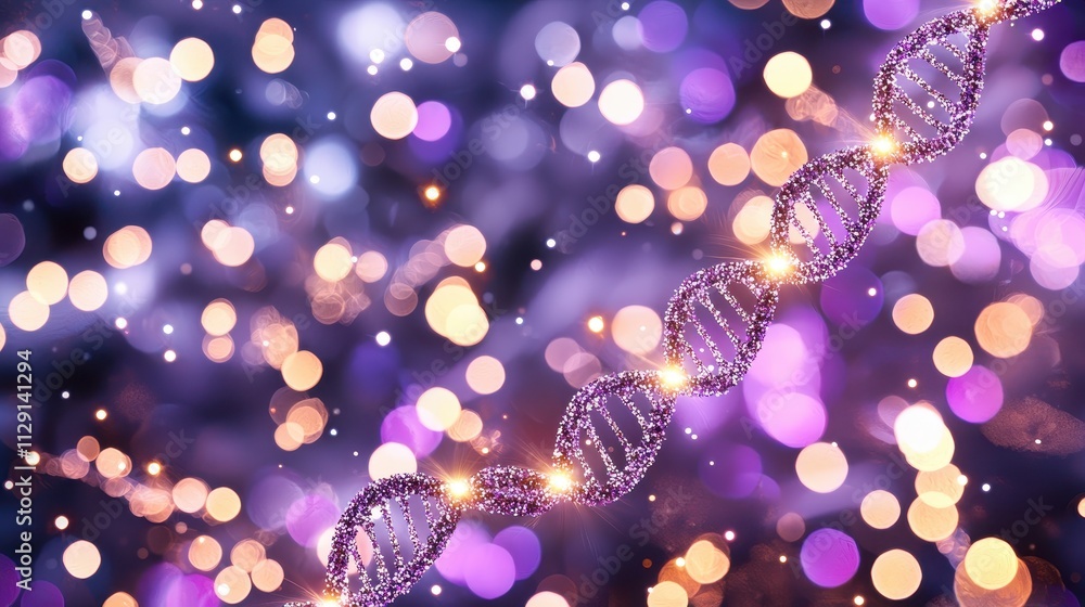 Poster glowing dna helix on colorful bokeh background for science and biology concepts