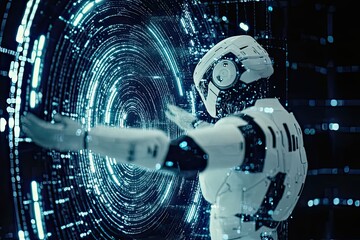 Futuristic robot interacting with a digital interface in a high-tech environment filled with glowing data streams. Generative AI