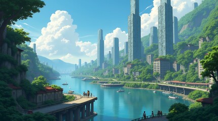 Fototapeta premium Serene Cityscape: Futuristic Metropolis nestled in Lush Green Mountains alongside a Tranquil River