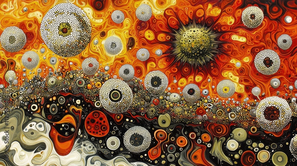 Poster abstract cosmic landscape with colorful spheres and dynamic patterns in orange and black