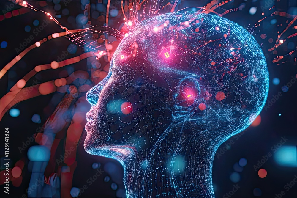 Aufkleber cognitive connection emerges in a digital landscape featuring a detailed representation of a human h