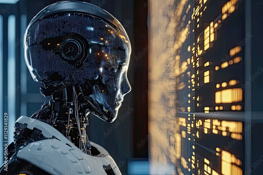 Poster sleek humanoid robot gazes at a digital interface, contemplating the flow of data in a futuristic en