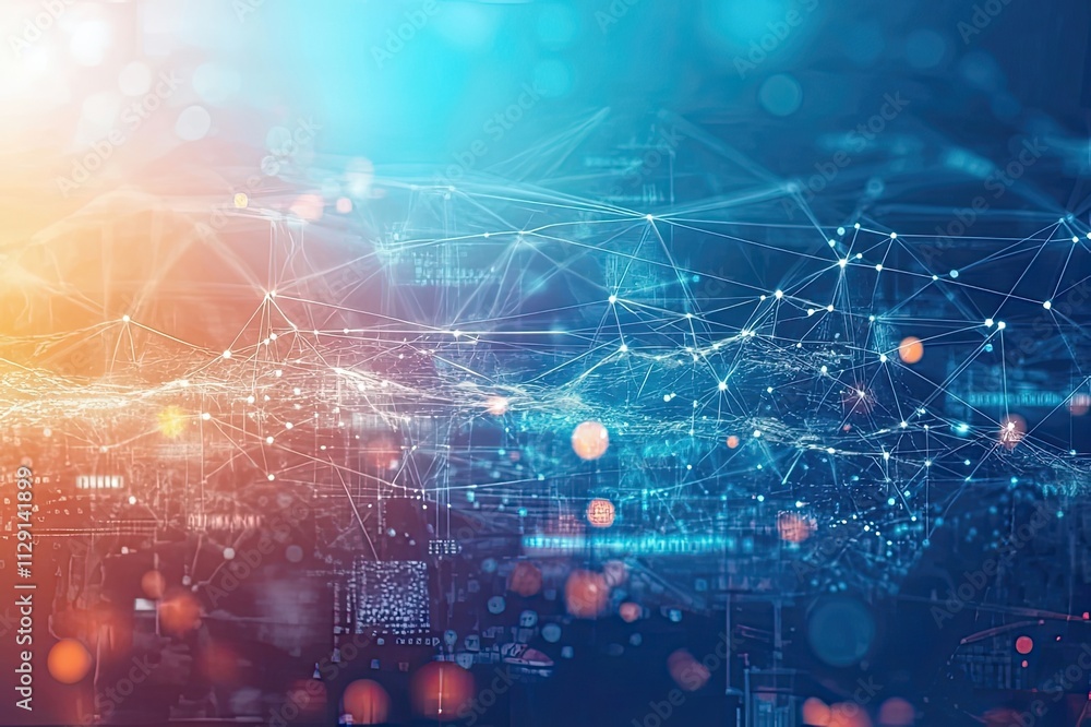 Poster exploring the digital landscape of connectivity and data visualization in a vibrant tech-driven worl