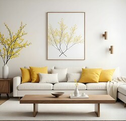 Sofa with yellow pillows near wall with frame. Scandinavian country interior design of modern living room.