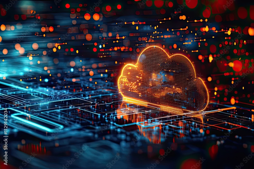 Poster digital cloud network turns data into vibrant connections, featuring luminous particles and circuits