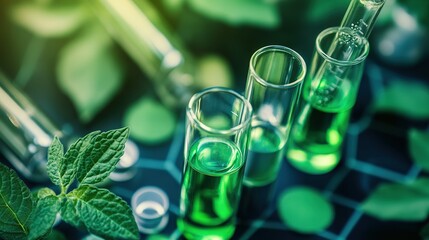 A vibrant arrangement of test tubes filled with green liquid, surrounded by fresh leaves, representing scientific research and botanical studies.
