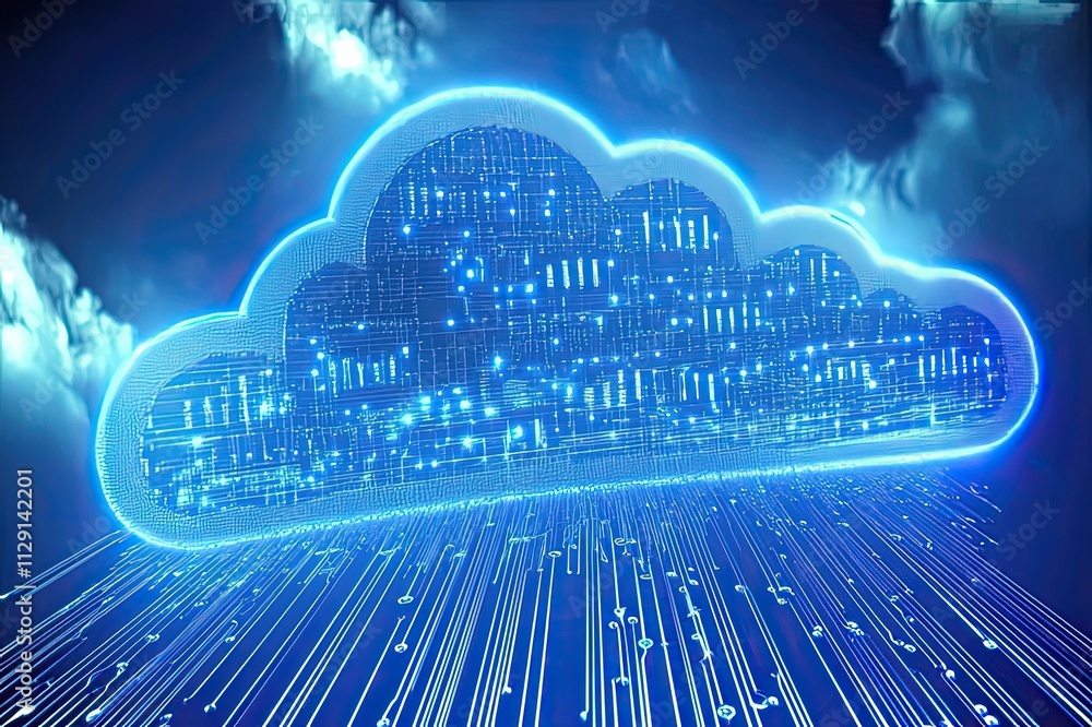 Poster illuminated cloud technology representing data transfer in a digital landscape during a futuristic n