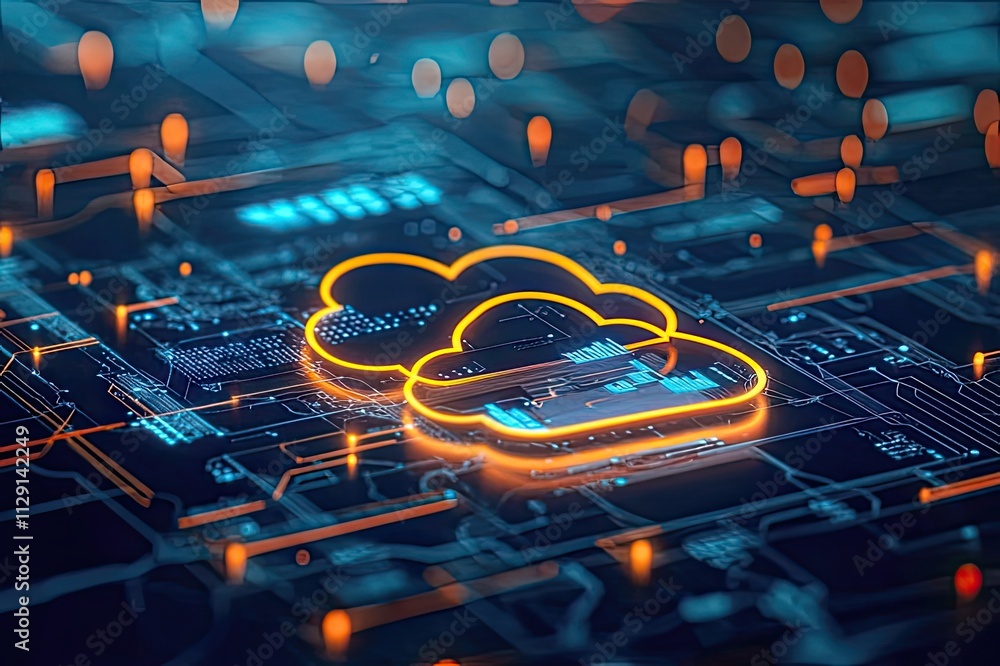 Poster digital cloud computing concept with vibrant circuits and glowing data points illustrating modern te