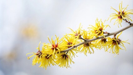 Delicate yellow flowers with reddish centers bloom on a slender branch, showcasing the beauty of nature's intricate details.