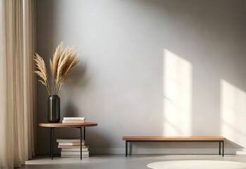 Wooden bench near the empty wall. Interior background with coffee table near curtain. Minimalist interior design of modern living room.