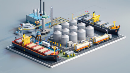 Fototapeta premium Modern industrial port with cargo ships, storage tanks, and facilities