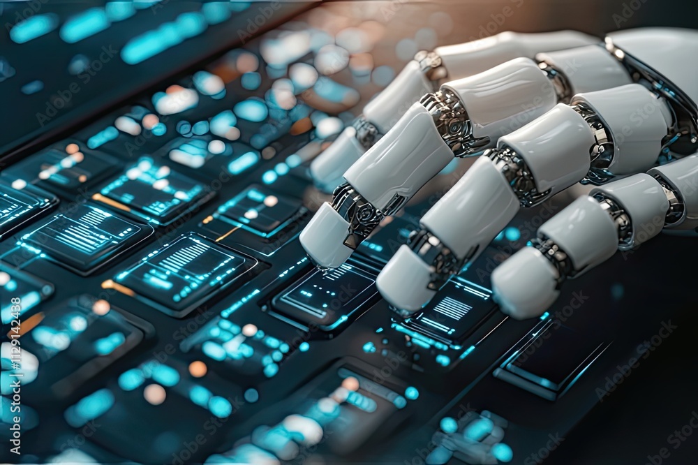 Poster futuristic robotic hand interacting with a digital keyboard in a high-tech environment showcasing ad