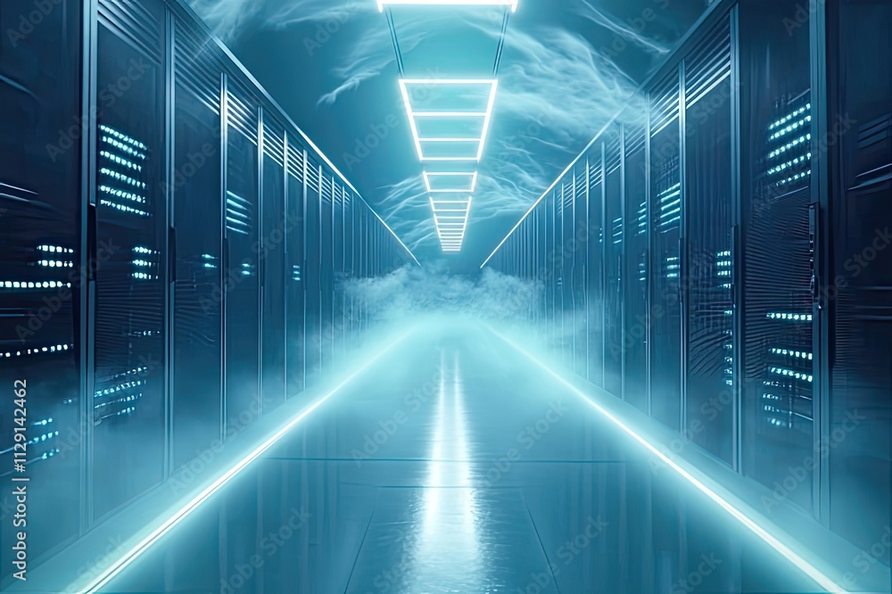Poster futuristic corridor illuminated by neon lights and enveloped in mist creates an enchanting atmospher