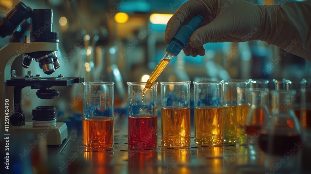 Poster a scientist uses a pipette to mix colorful liquids in a laboratory setting.
