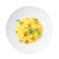 Delicious pumpkin risotto in bowl isolated on white, top view