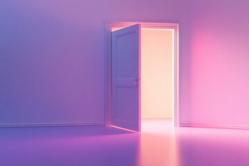 A softly lit open door in a gradient of purple and pink hues.