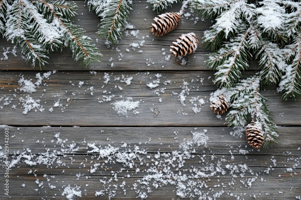 Poster snow-covered pine branches and cones create a serene winter atmosphere on a rustic wooden table. gen