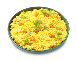 Delicious pumpkin risotto in bowl isolated on white