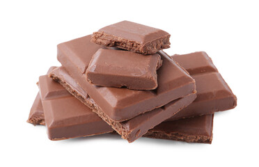 Pieces of delicious milk chocolate isolated on white
