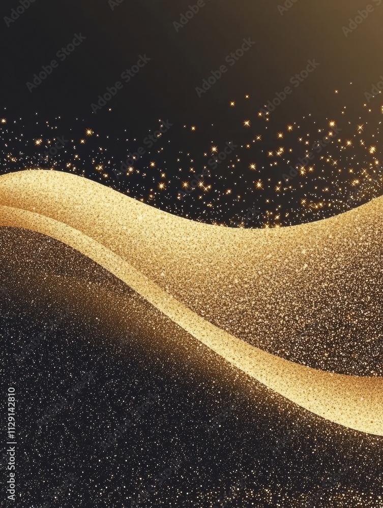 Leinwandbilder A shimmering wave of gold glitter flows across a dark surface, providing an elegant backdrop ideal for adding custom text or graphics. Generative AI