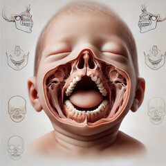 A detailed anatomical diagram of a newborn with a cleft lip and palate. highlight the gap in the upper lip and the roof of the mouth (palate), showing how  condition disrupts normal facial structure.