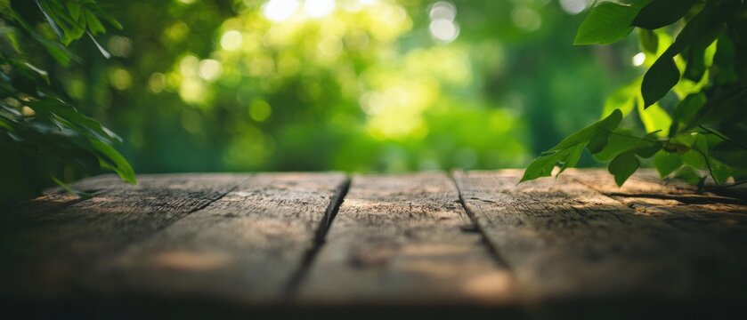 wooden table in a lush green forest setting