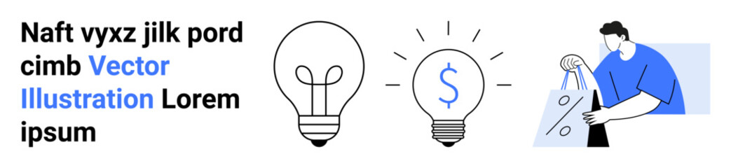 Two lightbulbs, one with a dollar sign, a person holding shopping bags. Ideal for business innovation, e-commerce, finance, creativity, marketing startup ideas and retail. Landing page