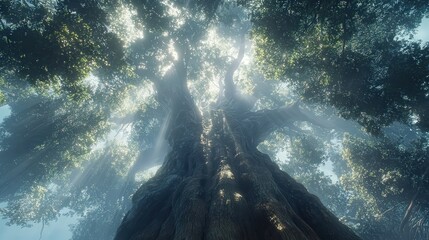 Obraz premium base of a giant tree, capturing its thick, towering trunk that stretches high above,