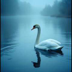 Obraz premium A serene image featuring a graceful white swan gliding across a calm, misty body of water.