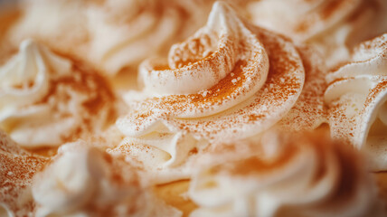 Close up of whipped cream swirls with cinnamon. Sweet dessert food photography.