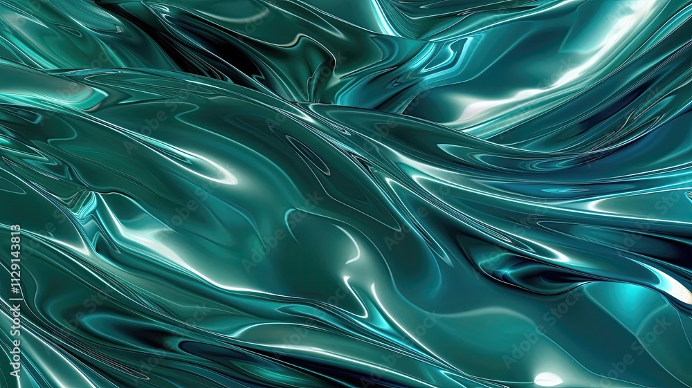Poster fluid waves of teal hues dancing in an abstract interplay of light and shadows in a serene digital l