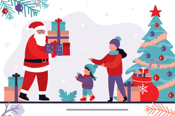 Santa Claus gives gift boxes to children. Father Christmas, happy kids and presents near traditional xmas tree. Boxing day. Xmas party, winter holiday.