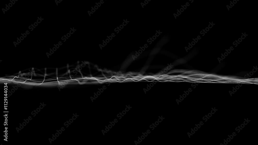 Poster abstract visualization of white light waveforms on a black background, illustrating technology or da