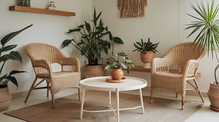 Fototapeta premium Living Room Interior With Wicker Armchairs, Potted Plants And Coffee table
