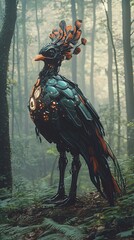 A Mechanical Bird Stands in a Misty Forest