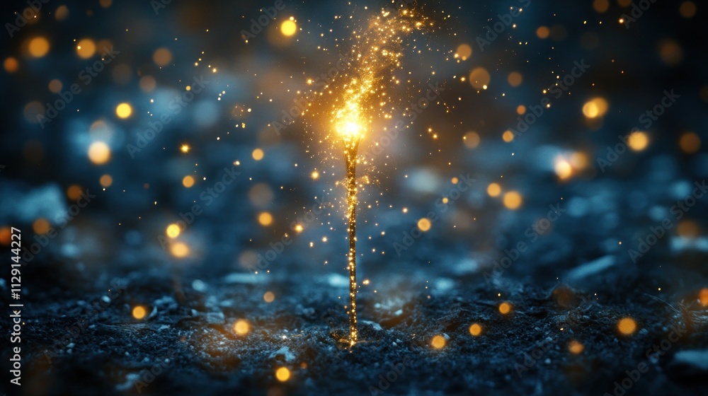 Poster a glowing spark rises from a dark surface, surrounded by shimmering particles.