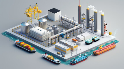 Industrial complex with shipping vessels and storage tanks, showcasing vibrant and detailed scene of modern manufacturing facility