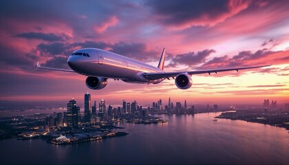 A jet airplane soars above a metropolitan skyline at sunset, featuring a vibrant sky. Depicts themes of travel, transportation, global connections, and modern urban living.