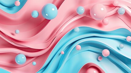 Vibrant abstract composition featuring wavy elements and playful spheres in pink and blue tones. Generative AI