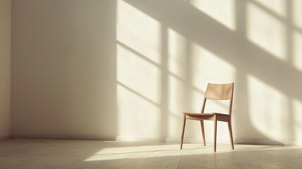 single chair in an empty, quiet room. Natural light filters softly through a window, casting subtle shadows on the floor.
