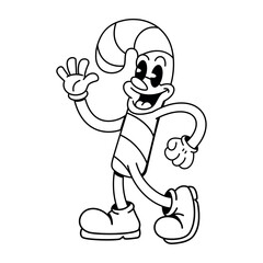 Vector Retro Cartoon Christmas Candy Cane Character Groovy Illustration Isolated