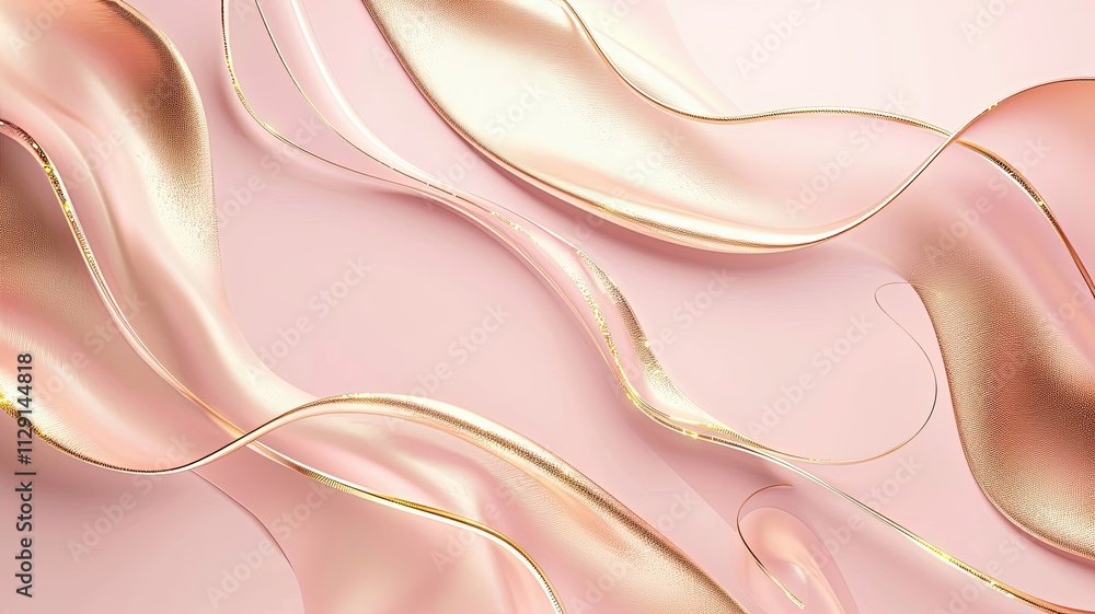 Poster elegant intertwining golden lines create a mesmerizing abstract design on a soft pink background wit