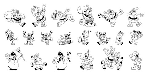 Vector Merry Christmas Retro Cartoon Characters Style Groovy Set Illustration Isolated