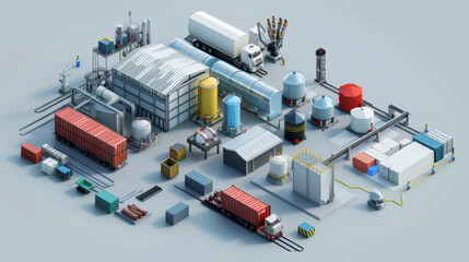 Industrial facility with storage tanks, trucks, and containers in layout. scene showcases various equipment and structures typical of manufacturing environment