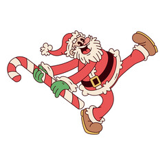 Obraz premium Vector Retro Cartoon Santa Claus Candy Cane Character Groovy Illustration Isolated