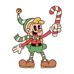 Vector Retro Cartoon Christmas Elf Girl Holding Candy Cane Character Groovy Illustration Isolated