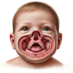 A detailed anatomical diagram of a newborn with a cleft lip and palate. highlight the gap in the upper lip and the roof of the mouth (palate), showing how  condition disrupts normal facial structure.